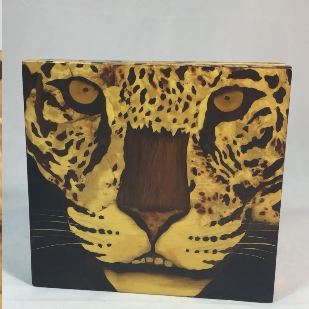 New Handmade Minaudière Wood Hand Painted Tiger Safari Brown Square Gold Chain - Picture 11 of 12
